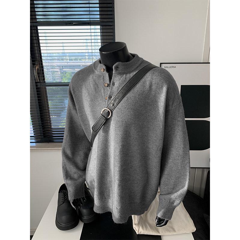 Мужской ретро-свитер Cleanfit с воротником-хенли - Высококачественный осенне-зимний вязаный пуловер XL