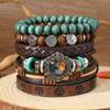 Leather Bracelets for Men Women Handmade Wrap Woven Cuff Bracelets Wooden Beaded Bracelets Vintage Ethnic Tribal Wristbands Bracelet Set Adjustable