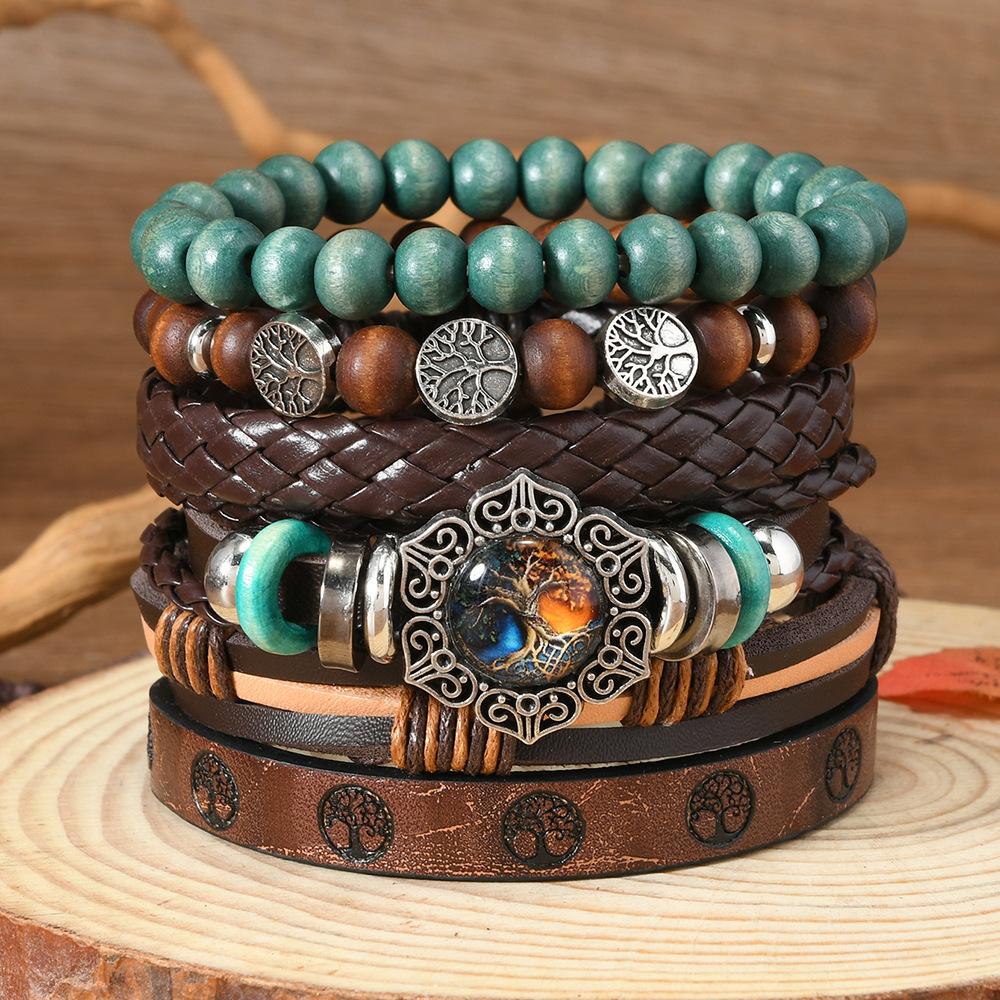 Leather Bracelets for Men Women Handmade Wrap Woven Cuff Bracelets Wooden Beaded Bracelets Vintage Ethnic Tribal Wristbands Bracelet Set Adjustable