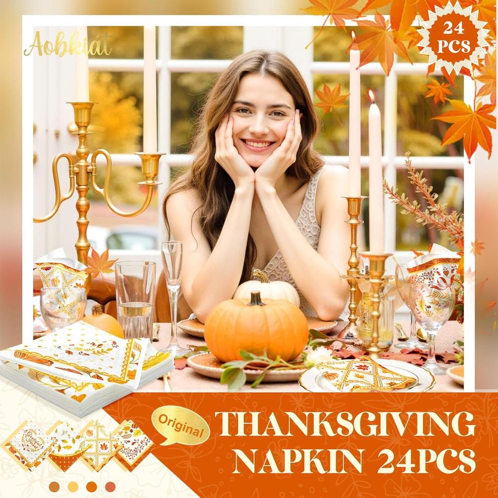 AOBKIAT Fall Thanksgiving Napk,24PCS Orange Pumpkin Maple Leaf Styles Guest Disposable Napk,for Autumn Harvest Holiday Dinner Party Supplies