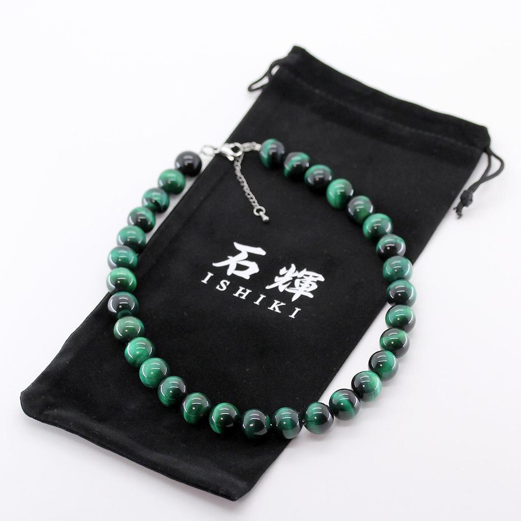 [Ishiki] 4A Natural Stone Green Tiger Eye Prayer Bead Necklace 12mm - A Power Stone That Attracts Wealth and Career Success! [n169]