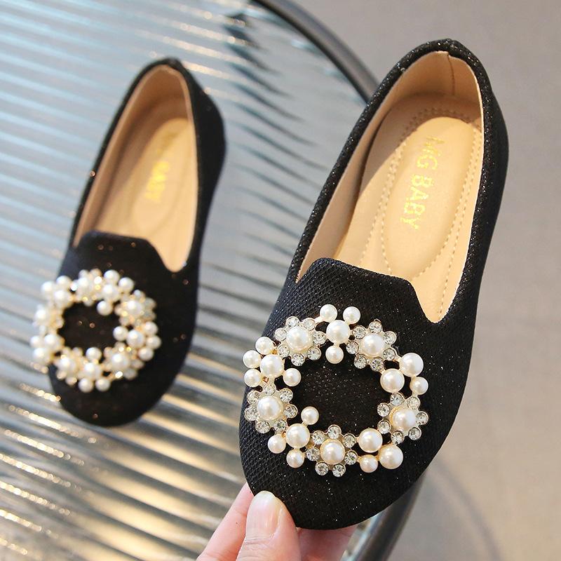 

Girls Pearl Rhinestone Decor Glitter Loafer Flats 26 чёрный