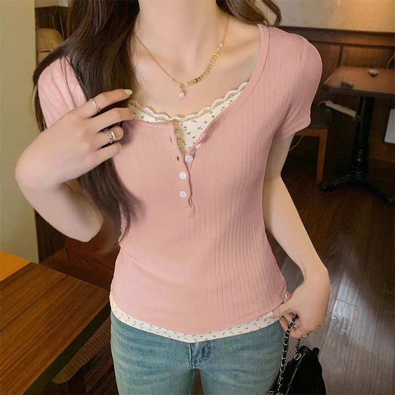 Fake Two-piece Front Shoulder Short-sleeved T-shirt Women's Summer New Slim-fitting and Thin Sweet Spice Girl Short T-shirt Top Ins