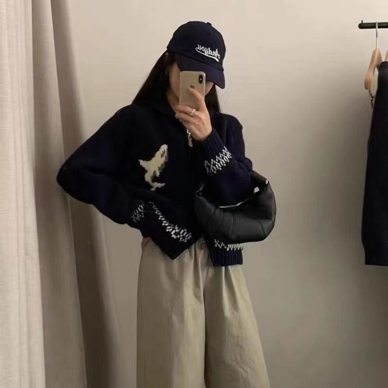 Reißverschluss Revers Jacquard Pulloverjacke Damenbekleidung Herbst und Winter Neu Locker Lässig Gestrickte Cardigan Top