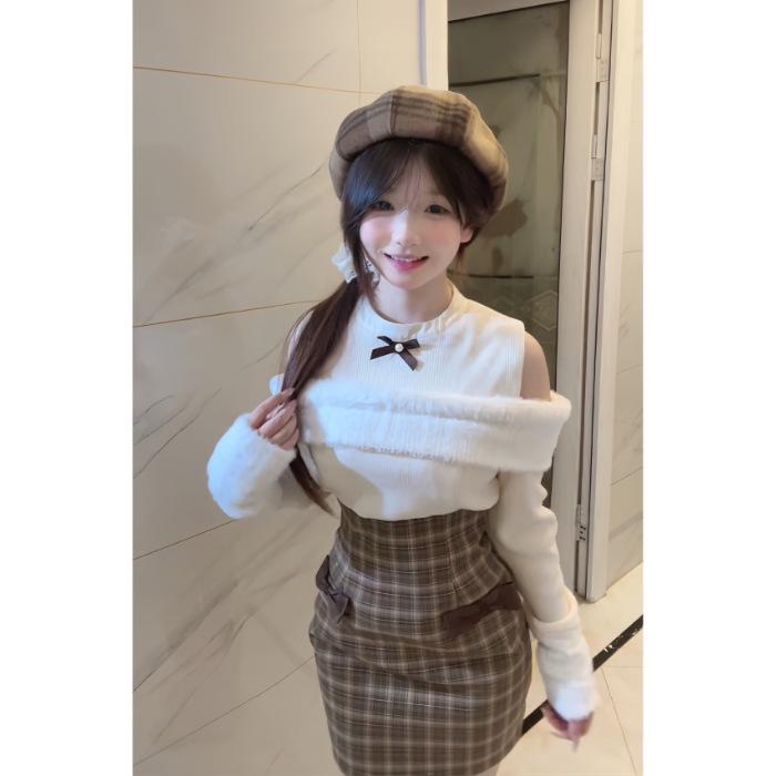 

French Bow Patchwork Plaid Dress - Women s Hip-Hugging Slim Skirt for Spring to Winter L