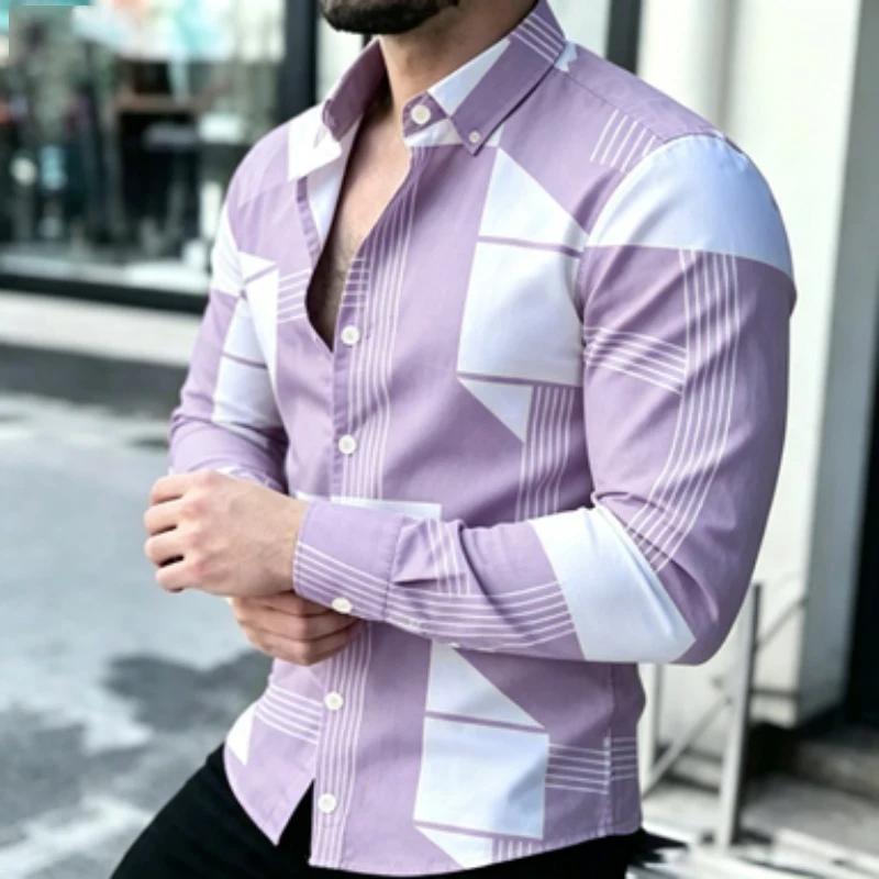 Trendy Geometric Pattern Long-sleeve Men's Shirt, Versatile for Daily and Smart Casual Looks.