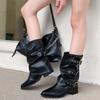 Boots Women's Belt Buckle Medium Boots Skinny New Folded Coarse Heel Versatile Knight Pointed Autumn and Winter Boots Pile