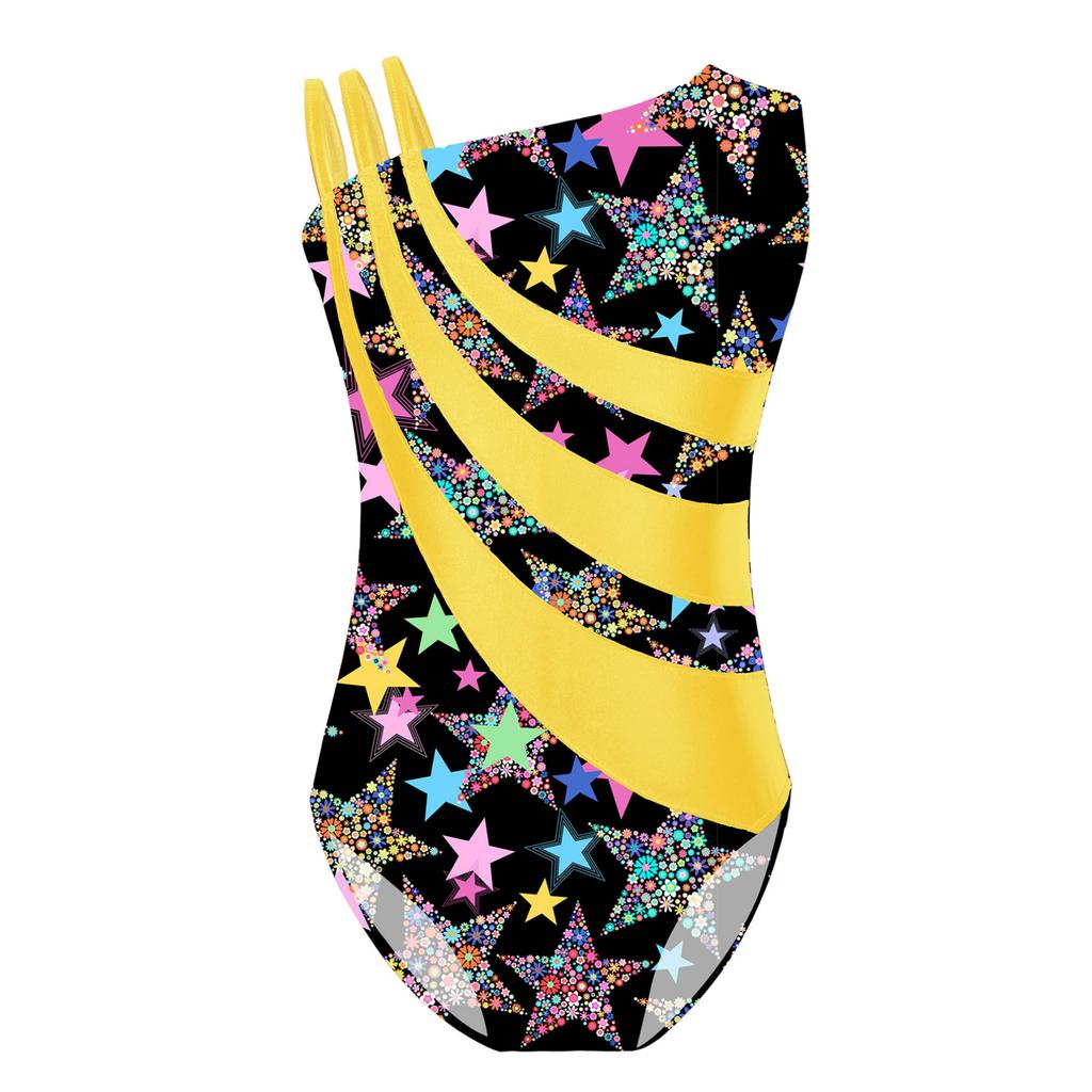 Tricou drăguț pentru gimnastică de dans într-o singură piesă pentru fetițe, salopetă metalizată lucioasă