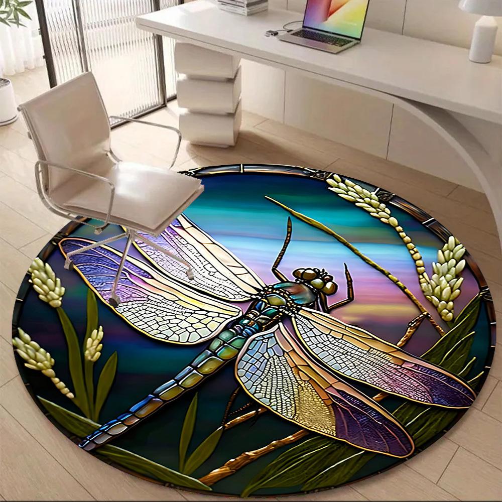 1PC Dragonfly StainedGlass Office Round Area Rug, Mat Suitable ForOffice, Under Office Chairs Bedroom Living Room Home Decor, Room Deco