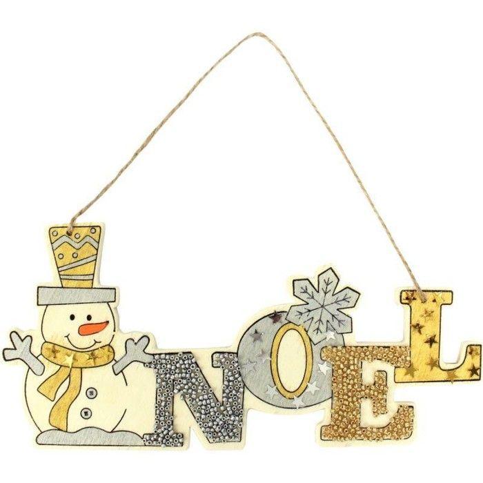 Mot "Noël" bonhomme de neige à suspendre bois brut fêtes fin année chalet