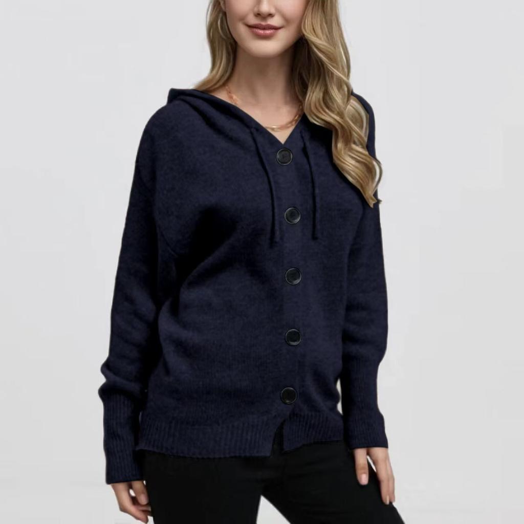 2026 new single-breasted hooded cardigan sweater, cross-border women's autumn and winter V-neck solid color knitted sweater