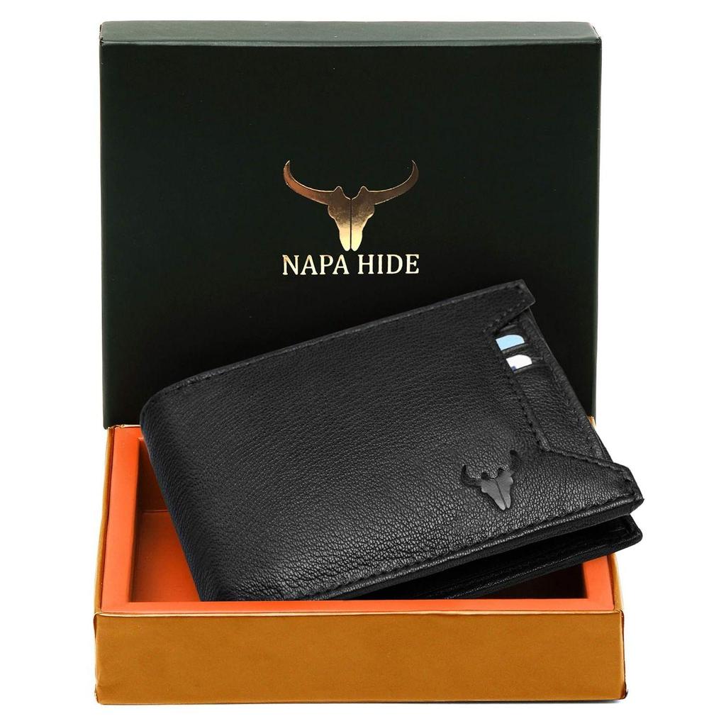 Black Leather Wallet for Men I 3 Card Slots I 2 Currency Compartments I 1 ID Window I 3 Secret Compartments I External Card Slot I 1 Coin Pocket