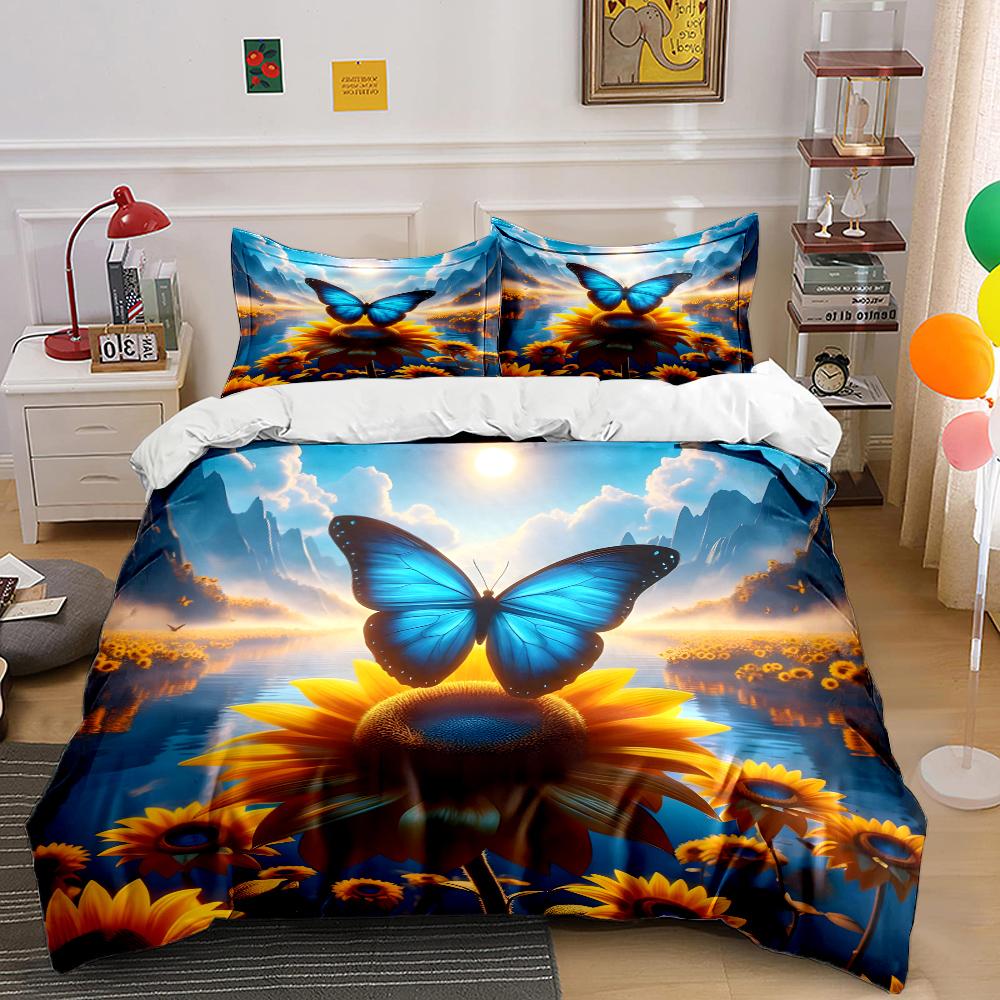 Blue Butterfly Resting On Sunflower Print Soft Comfortable Duvet Cover Bedding Set Included 1*Duvet Cover 2*Pillowcases