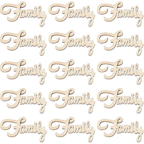 Amosfun 2x1.1'' Wedding Wooden Cutouts Mini Family Wooden Slices Embellishments for DIY Craft Decorations 15pcs