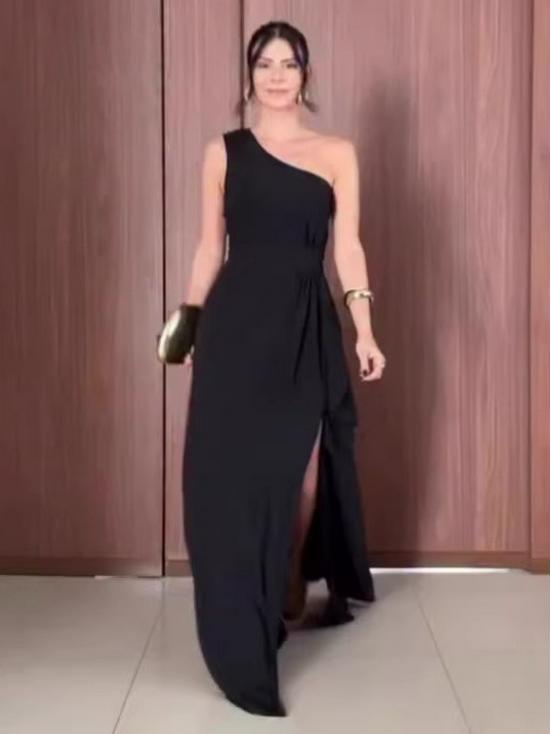 Autumn 2025 European & American Women's Black Asymmetrical Sleeveless Elegant Dress