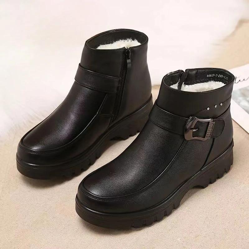2024 Winter New Leather Boots Woman's Gaobang Flat Bottom Shoes Trend Warm Cotton Shoes Soft Bottom Non-slip Wool Women Boots