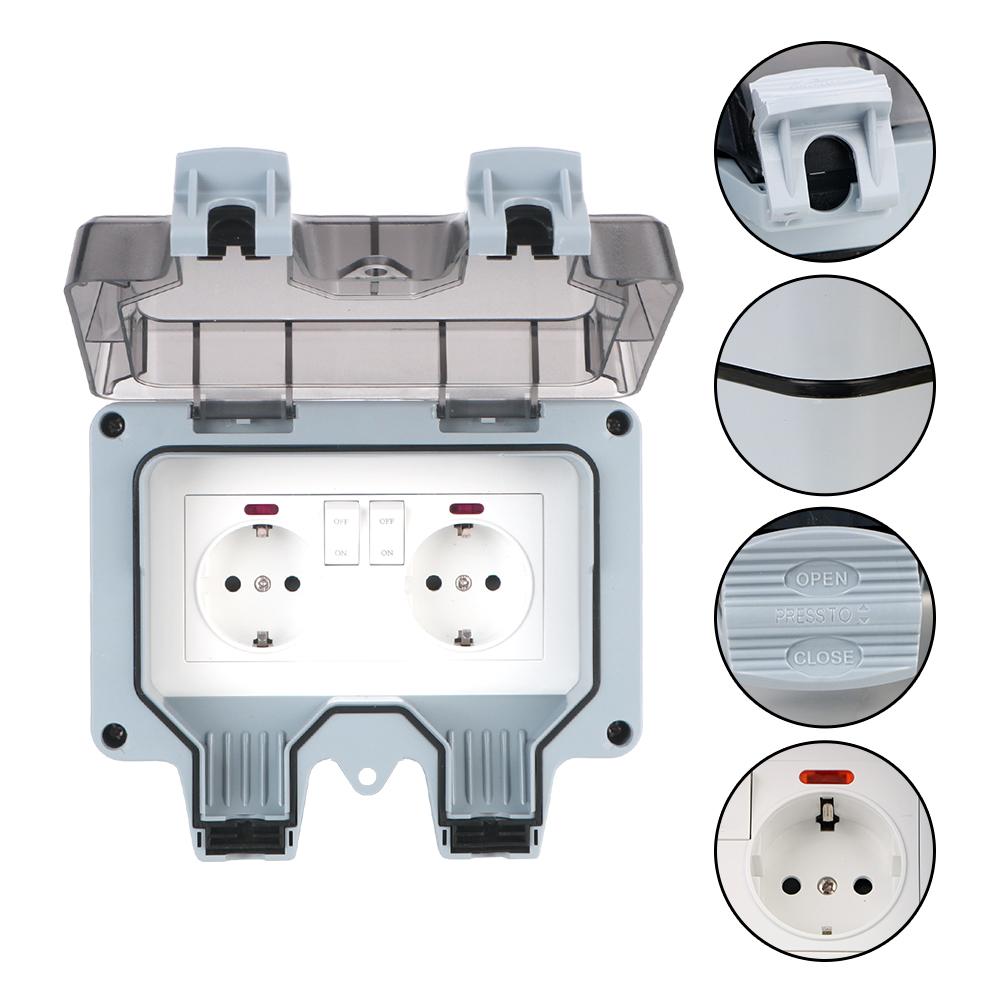 IP66 Weatherproof AC 110~240V With USB Charging 16A Power Supply Switch Socket Outdoor Wall Power Socket for Home& Garden Double EU Socket