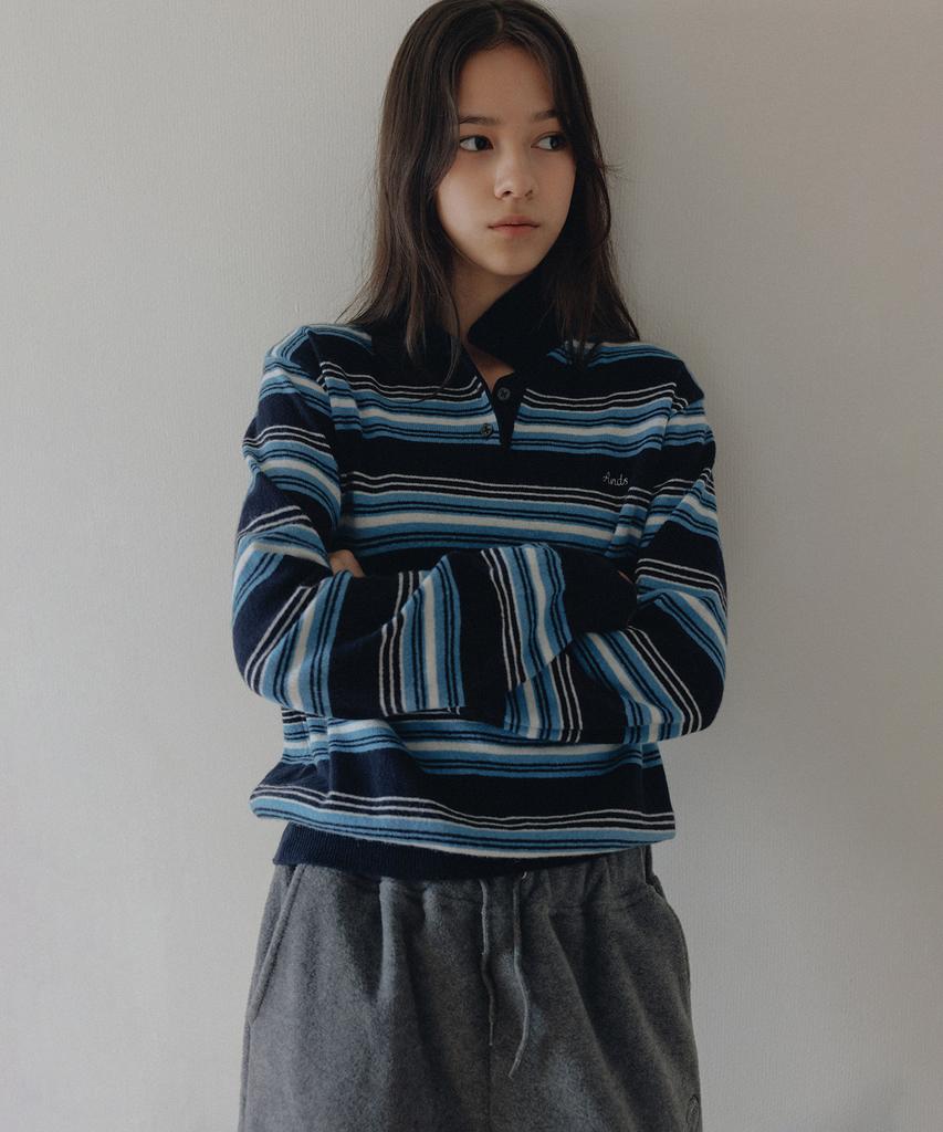 ANDNEEDS Figaro Stripe Polo Knit (Navy)