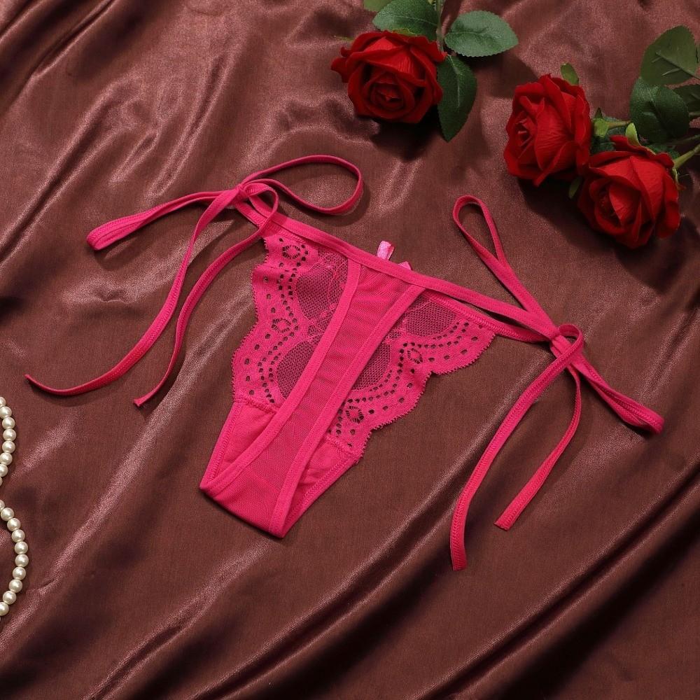 Adjustable Waist Strap Bow Lace Flower Transparent Briefs Low Waist Romantic T Panties Gift