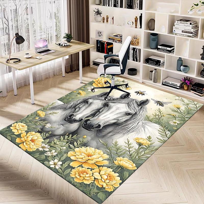 1PC Horses Flowers Non-Slip Floor Carpet Compatible for Office&Living Room&Dining room - Flat-Weave Machine- Soft & Pattern-E240
