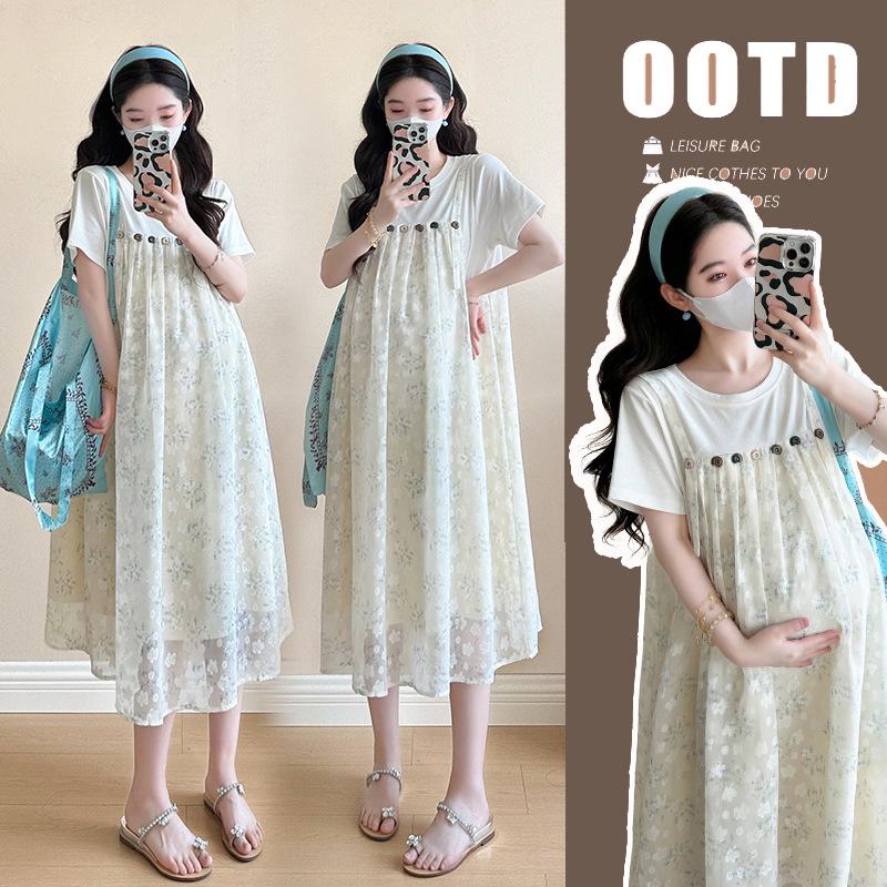 Korean Style Summer Maternity Chiffon Jacquard Dress – Loose Fit, Slimming, Two-Piece Look 2XL