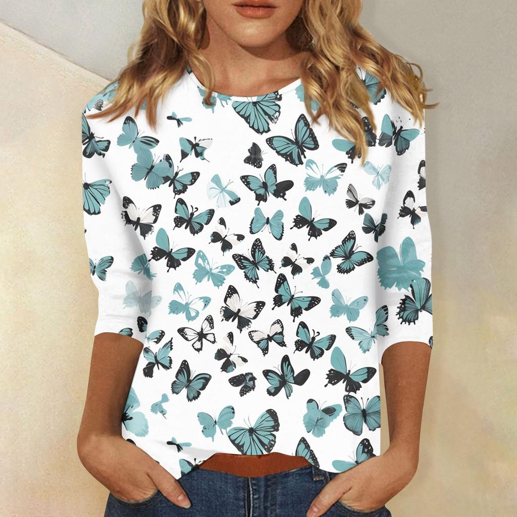Women's Fashion Casual Round Neck 3/4 Sleeve Printed T-Shirt Ladies Top