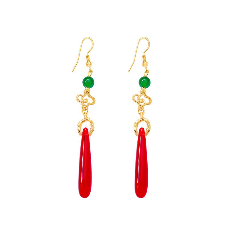 New Chinese red water drop pendant earrings women's national style long fringed stud earrings festive ears