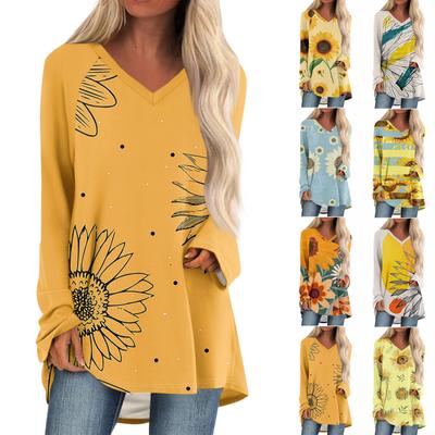 Damen Herbst- und Winter-Langarm-V-Ausschnitt Druck Casual Langes Lockeres T-Shirt Top