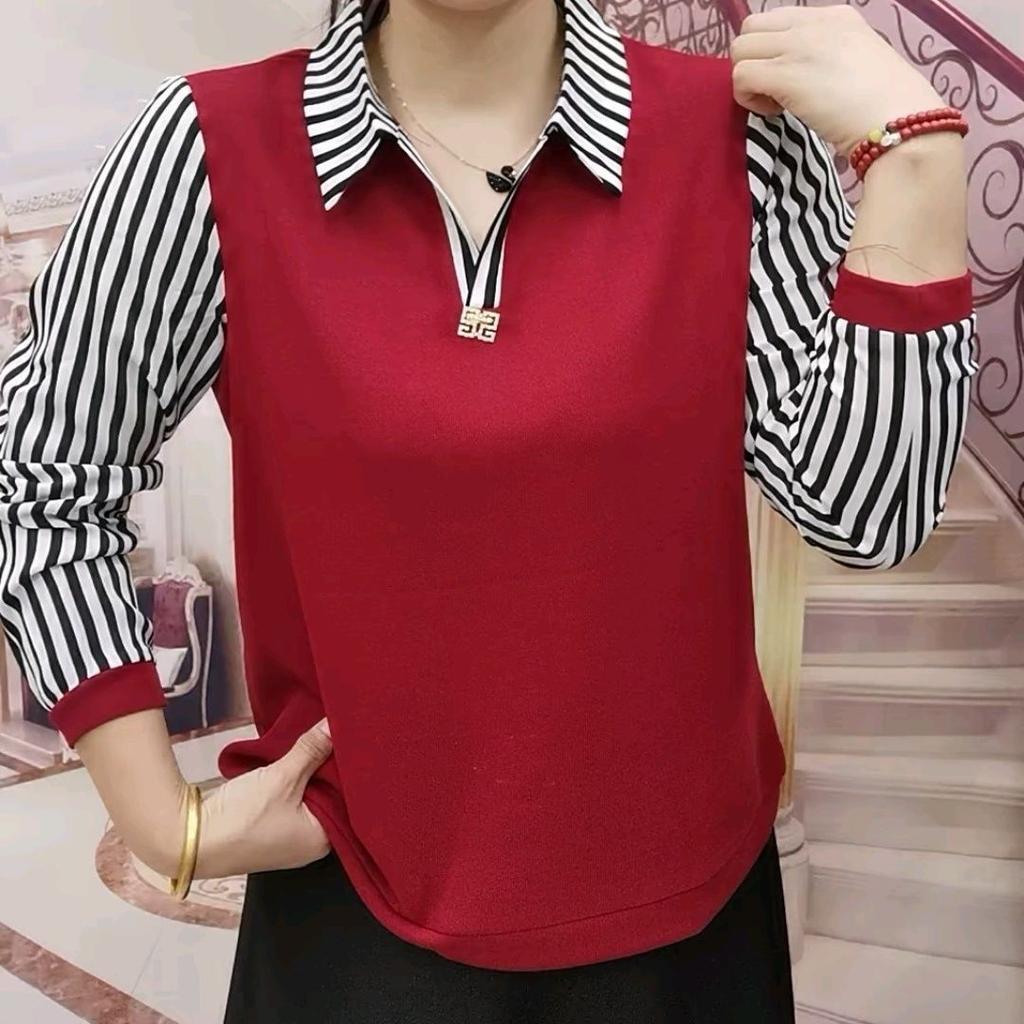 Women Shirt Age-reducing Middle-aged and Elderly Splicing Polo Collar Bottoming Shirt Long-sleeved Top for Women