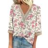 Women's Lace Trim Print V Neck Tops Casual Loose Blouse 3/4 Sleeve Shirt Tee