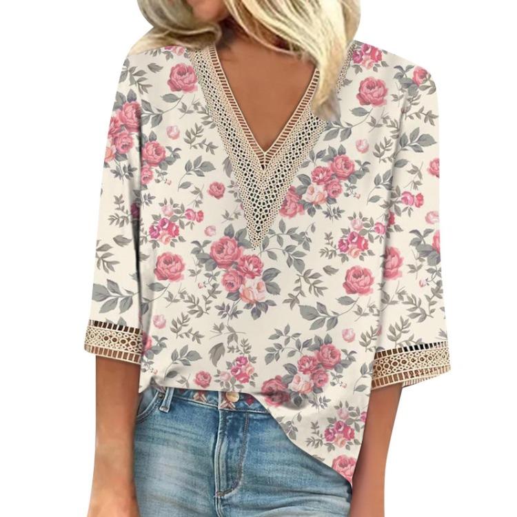 Women's Lace Trim Print V Neck Tops Casual Loose Blouse 3/4 Sleeve Shirt Tee
