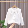 Girls' 100% Cotton White Long-Sleeved Shirt with Doll Collar - Spring/Autumn Style for Older Children