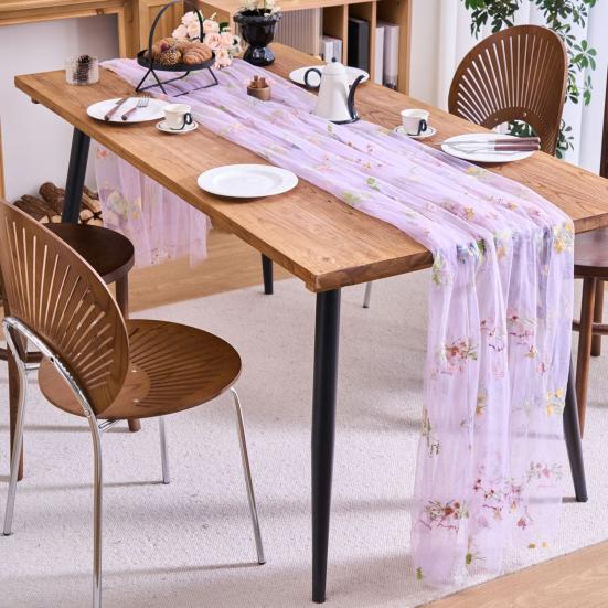 Bestickter Blumiger Tischläufer Transparenter Tüll Tischläufer Schmetterlingsblumen Tischläufer für Esstisch Hochzeit Babyparty Frühlingsfest