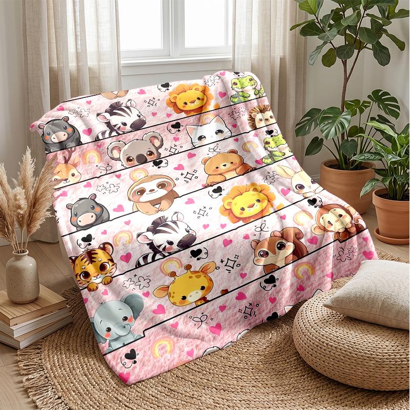 Cute Animal Group with Flowers blanket Personalized Name Flannel Blanket Soft Cozy Plush Throw for Sofa Bed Lightweight Home Decor