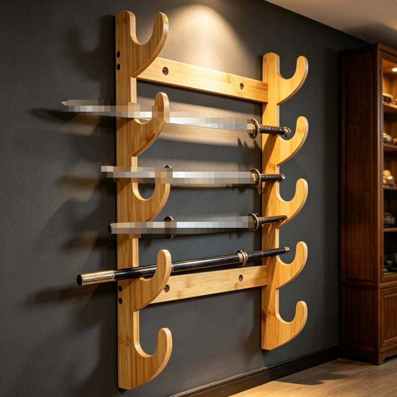 Wooden Sword Display Shelf With Multilevel Wall Mount For Collectors And Home Decor