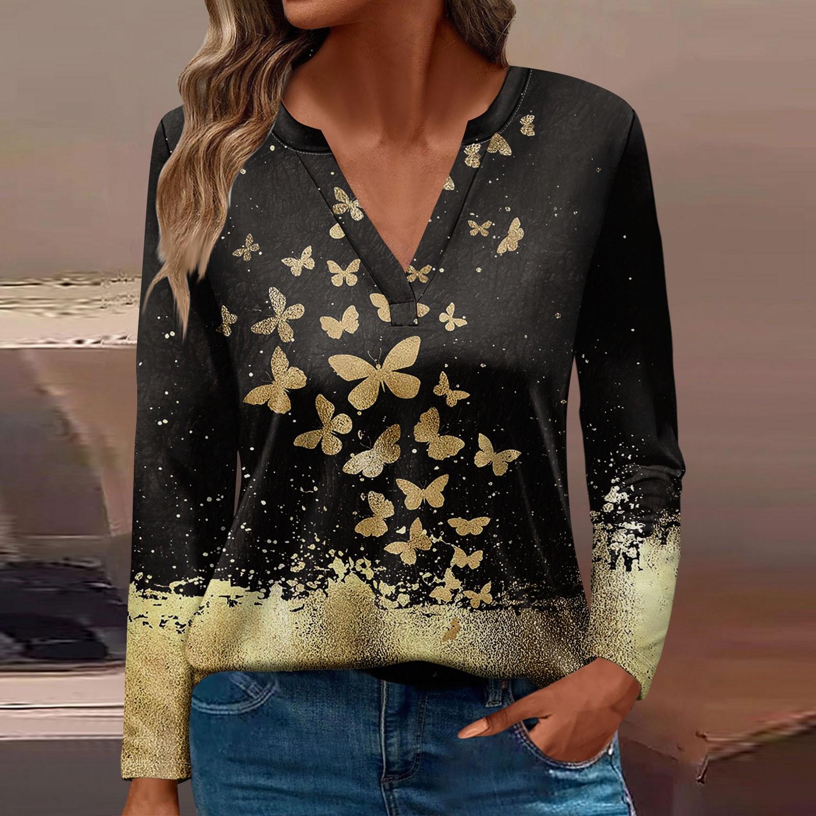 

Женская футболка Футболка с принтом и длинным рукавом Повседневные выходные Мода Базовый топ с V-образным вырезом Обычный топ M