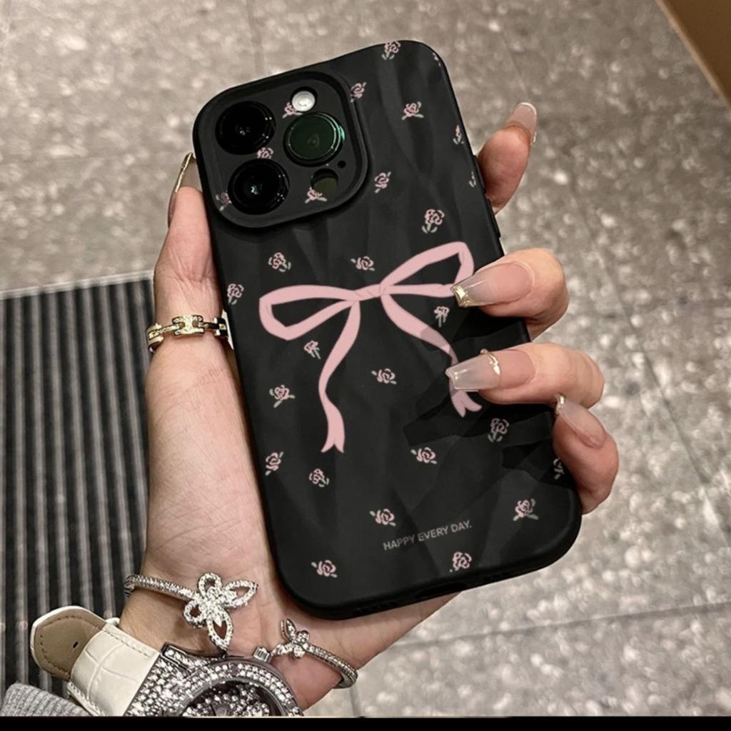 Wrinkled Solid Color High End Floral Bow Suitable for Apple 16 Mobile Phone Case Full Inclusive IPhone 15 Protective Case Anti Fall