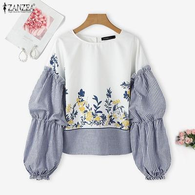 Damen Rundhals Streifen Patchwork Langarm Freizeit Blumen Bluse