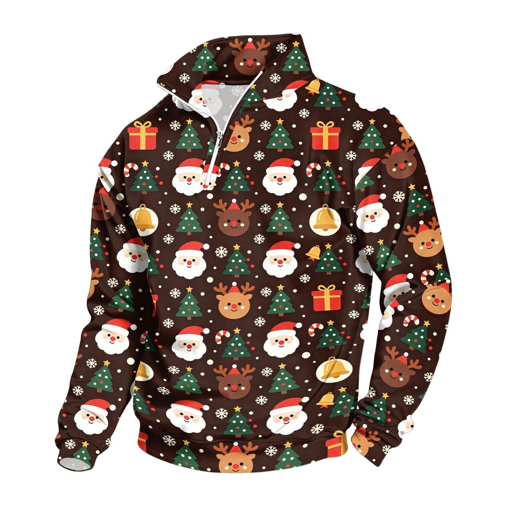 Men's Casual Quarter-Zip Stand Collar Sweatshirt with Christmas Print, Holiday Pullover