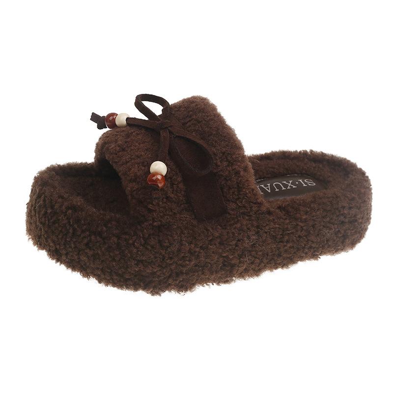 

Internet celebrity black bow hairy slippers women wear 2025 autumn and winter new high-end one-word cotton slippers 40