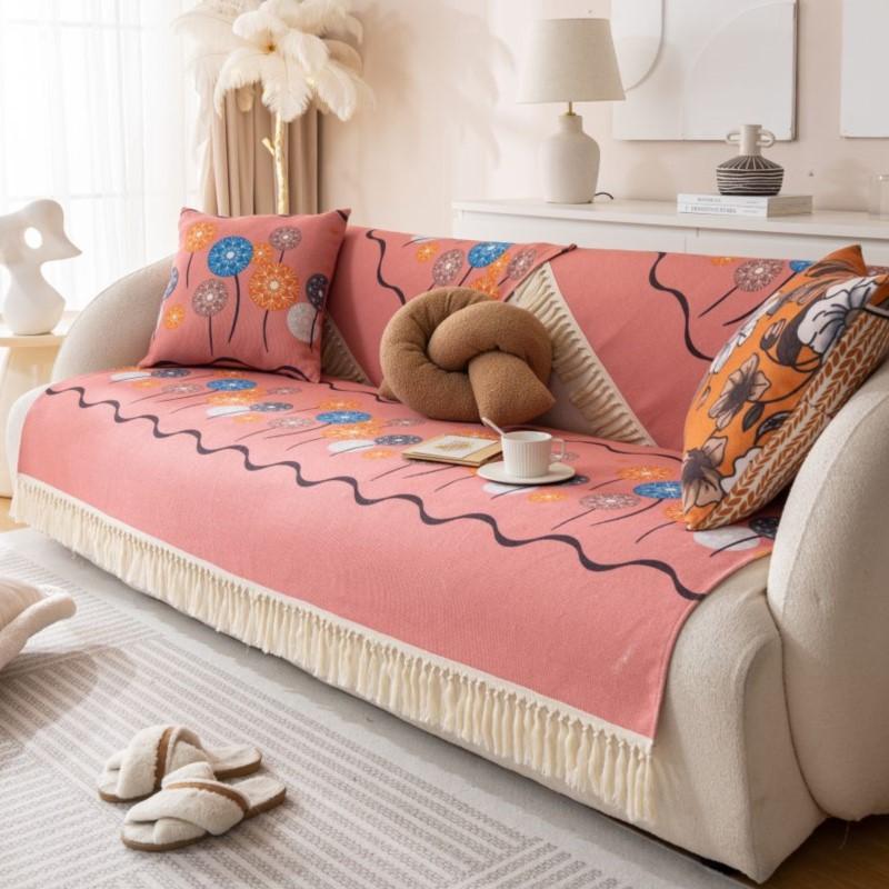 Luxury Tassels Sofa Couch Covers Living Room Non-Slip Armrest Backrest Sofa Cushion Universal Linen Flowers Sofa Slipcover