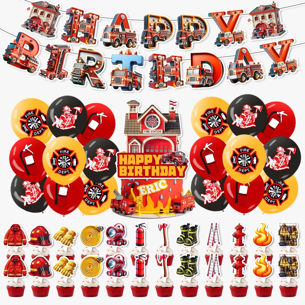 Fire Truck 3D Birthday Party Decoration Set: Banner, Balloons & Flags