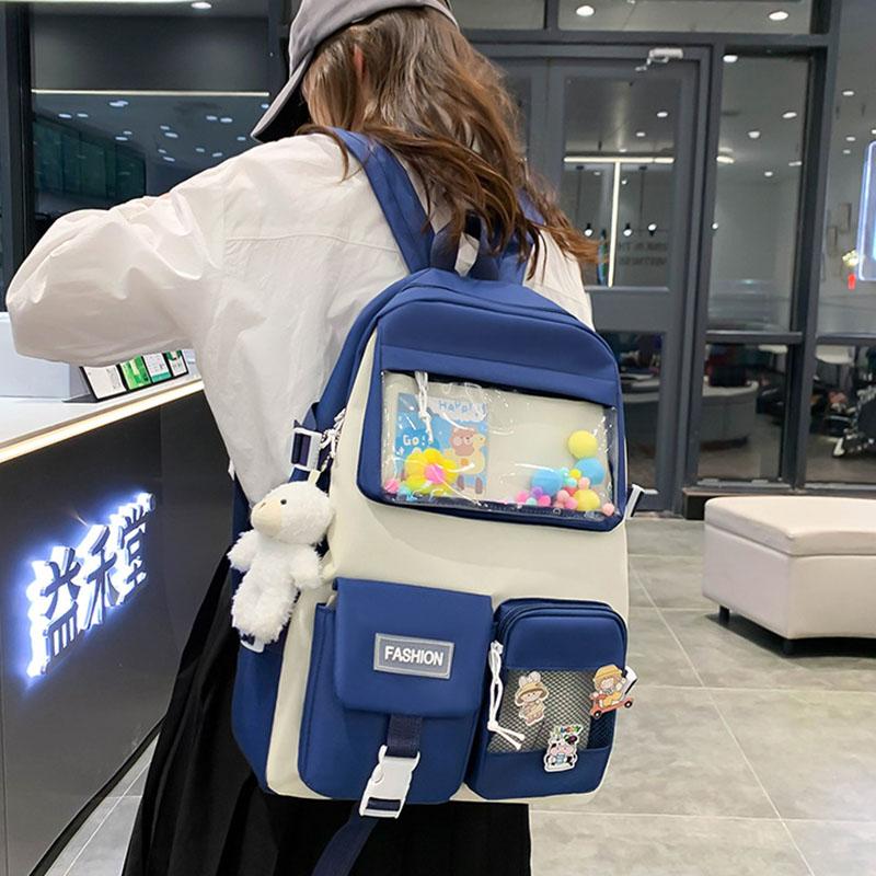 5pcs/set Kawaii School Bags for Teenage Girls Casual Canvas Large Capacity Student Bookbags Women Travel Backpack Shoulder Bags