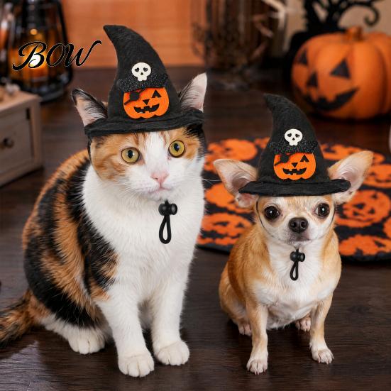 Cat Halloween Costume Accessory Witch Hat, Fun Pet Hat with Adjustable Elastic Strap, Cartoon Bat Themed Ghost Pumpkin Skull for Cats
