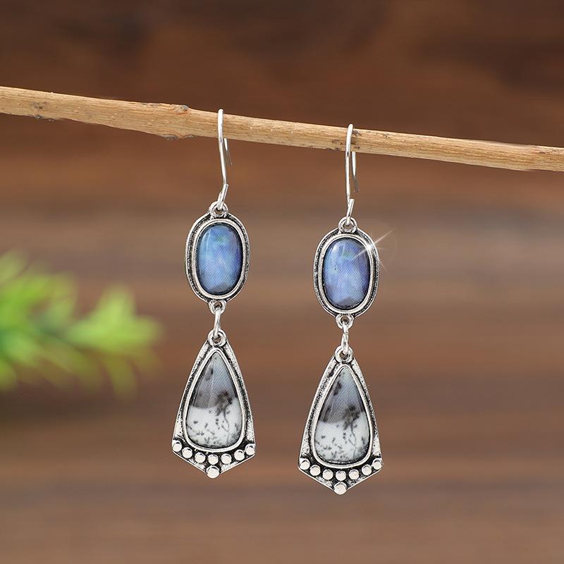 Vintage Waterdrop Round Inlaid Blue Stone Earrings Geometric Creativity Silver Color Dangle Earrings for Women Jewelry