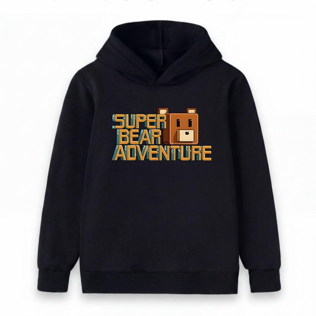 Kinder Jungen Mädchen Freizeit Kapuzenpullover Sweatshirt, Niedlicher Superbär Abenteuerspiel Druck Warmer Langarm Hoodie für Tägliches Outdoor Tragen 110 black