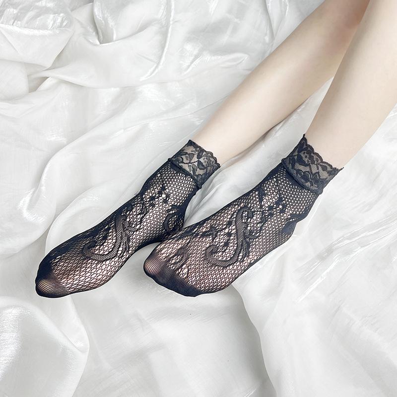 Summer-Ready Black Fishnet Lace Stockings: Odor-Resistant, Sweat-Absorbing, Sexy, Thin Jacquard Short Socks for Women