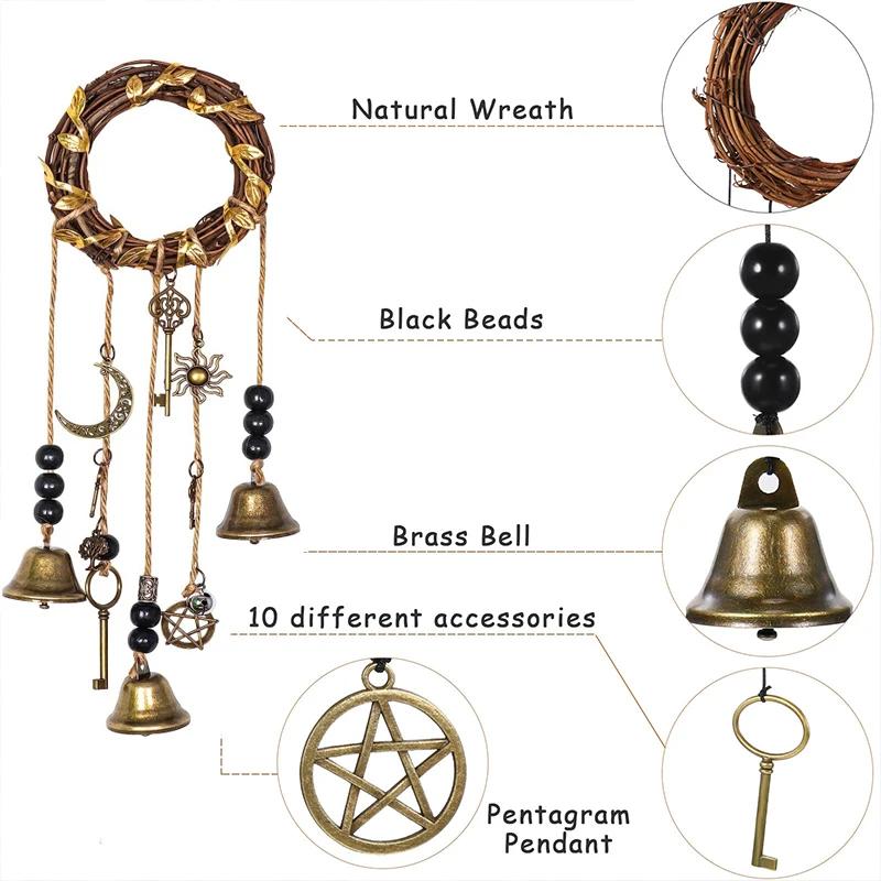 Boho Wind Chime with Bells, Handmade Wicker Wreath Hanging Ornament, Witchy Home Decor for Door Wall Garden, Rustic Witchcraft