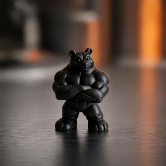 3D Printed Muscle Bear Statue Matte Black Fitness Ornament for Office Bookshelf Gym