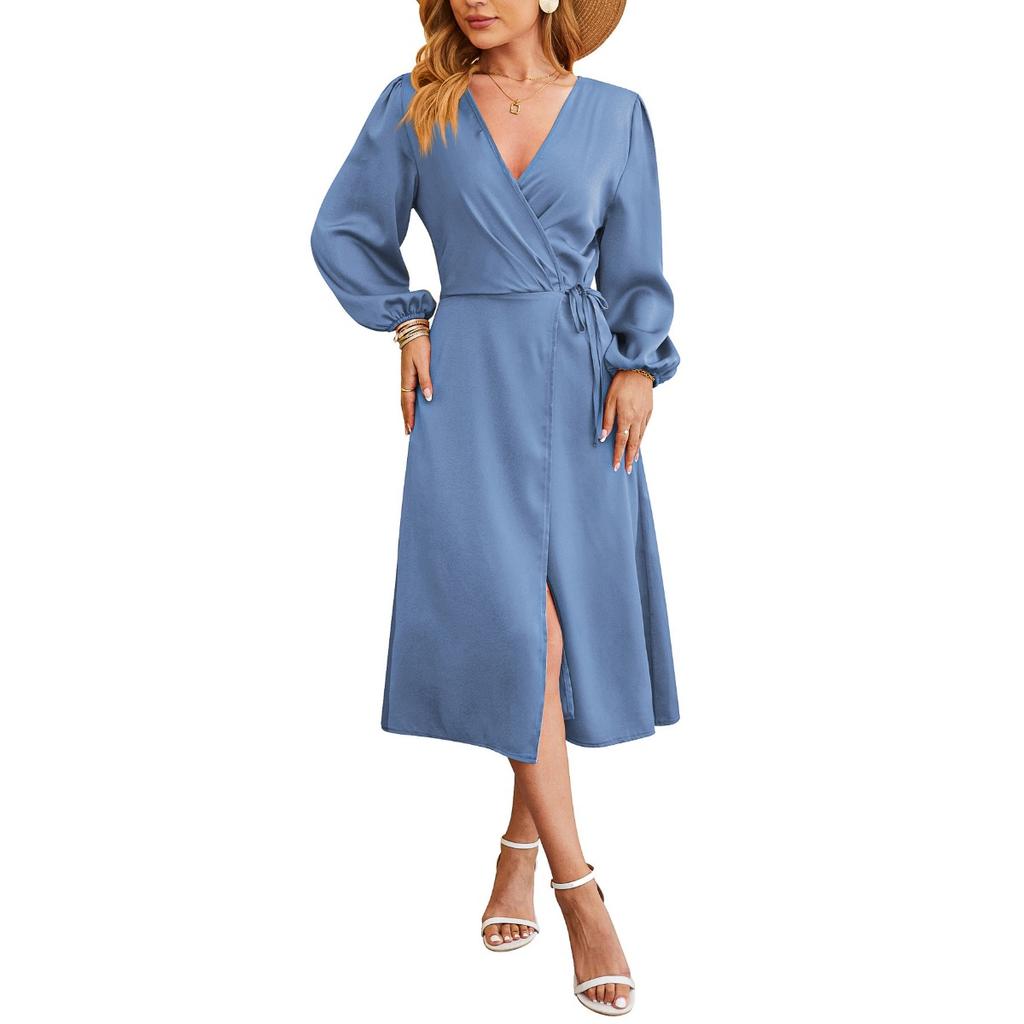 Spring Summer Women's Satin Solid V-Neck Slit Hem Sexy Dress, European American Style Casual Elegant Party Dress